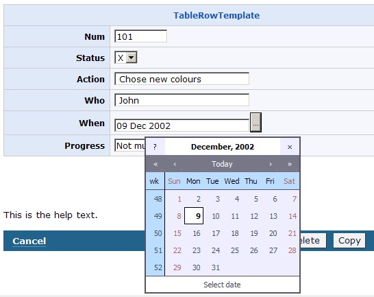 Edit Table Calendar Example